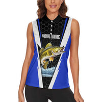 Custom Walleye Fishing Women Sleeveless Polo Shirt with Jumping Fish Splash and Blue Black Hexagon Pattern - Wonder Print Shop