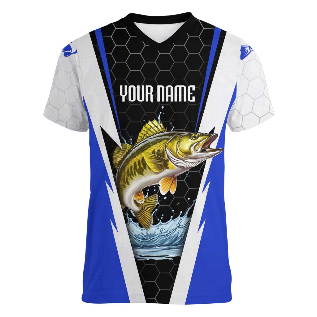 Custom Walleye Fishing Women V-Neck T-Shirt with Jumping Fish Splash and Blue Black Hexagon Pattern - Wonder Print Shop