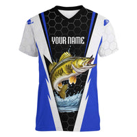 Custom Walleye Fishing Women V-Neck T-Shirt with Jumping Fish Splash and Blue Black Hexagon Pattern - Wonder Print Shop
