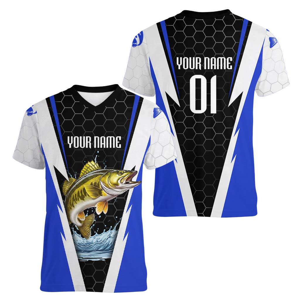 Custom Walleye Fishing Women V-Neck T-Shirt with Jumping Fish Splash and Blue Black Hexagon Pattern - Wonder Print Shop