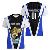 Custom Walleye Fishing Women V-Neck T-Shirt with Jumping Fish Splash and Blue Black Hexagon Pattern - Wonder Print Shop
