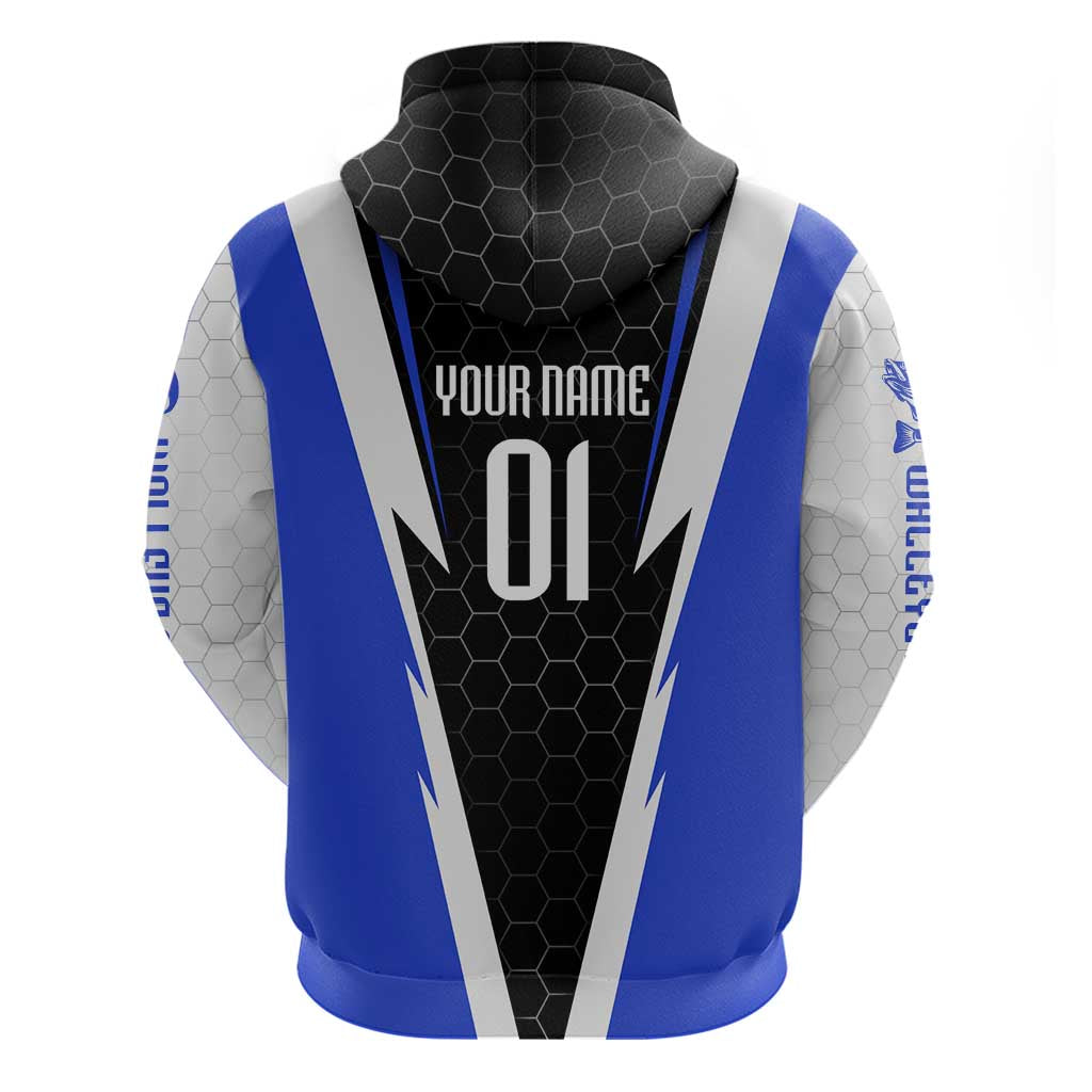 Custom Walleye Fishing Zip Hoodie with Jumping Fish Splash and Blue Black Hexagon Pattern - Wonder Print Shop