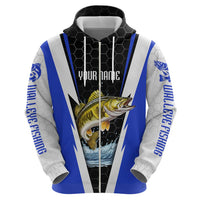 Custom Walleye Fishing Zip Hoodie with Jumping Fish Splash and Blue Black Hexagon Pattern - Wonder Print Shop