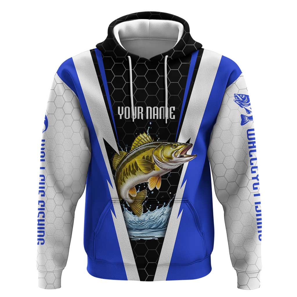 Custom Walleye Fishing Zip Hoodie with Jumping Fish Splash and Blue Black Hexagon Pattern - Wonder Print Shop