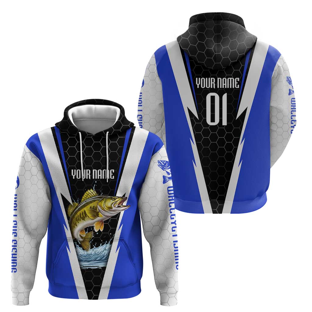 Custom Walleye Fishing Zip Hoodie with Jumping Fish Splash and Blue Black Hexagon Pattern - Wonder Print Shop