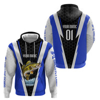 Custom Walleye Fishing Zip Hoodie with Jumping Fish Splash and Blue Black Hexagon Pattern - Wonder Print Shop