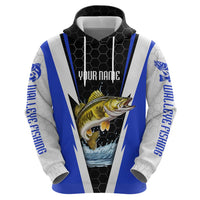 Custom Walleye Fishing Zip Hoodie with Jumping Fish Splash and Blue Black Hexagon Pattern - Wonder Print Shop