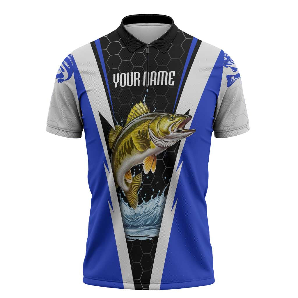 Custom Walleye Fishing Zipper Polo Shirt with Jumping Fish Splash and Blue Black Hexagon Pattern - Wonder Print Shop