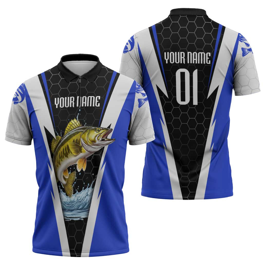 Custom Walleye Fishing Zipper Polo Shirt with Jumping Fish Splash and Blue Black Hexagon Pattern - Wonder Print Shop