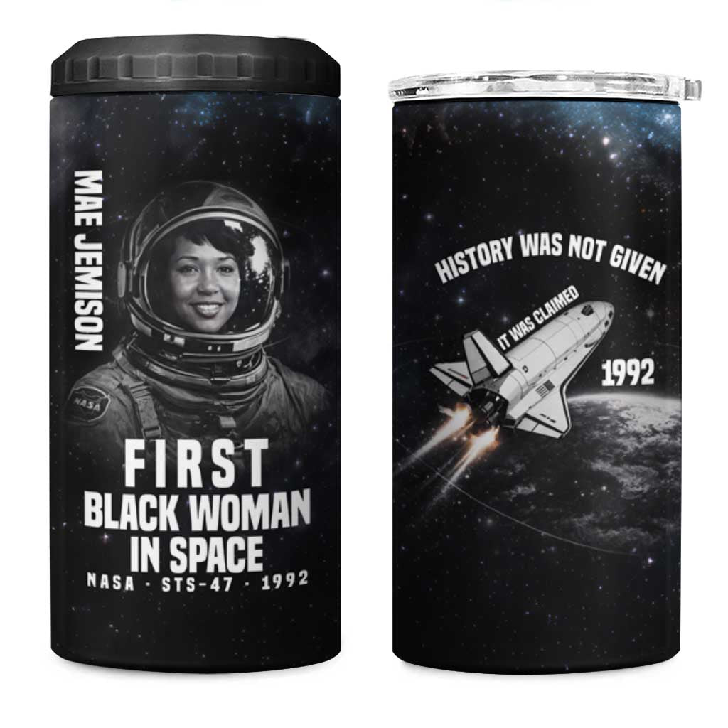 Mae Jemison 4 in 1 Can Cooler Tumbler with NASA Spacesuit Portrait, First Black Woman - Wonder Print Shop