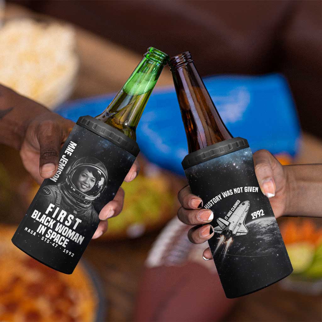 Mae Jemison 4 in 1 Can Cooler Tumbler with NASA Spacesuit Portrait, First Black Woman - Wonder Print Shop