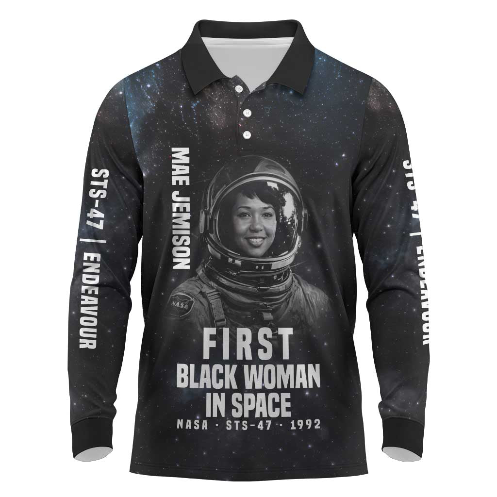 Mae Jemison Long Sleeve Polo Shirt with NASA Spacesuit Portrait, First Black Woman - Wonder Print Shop