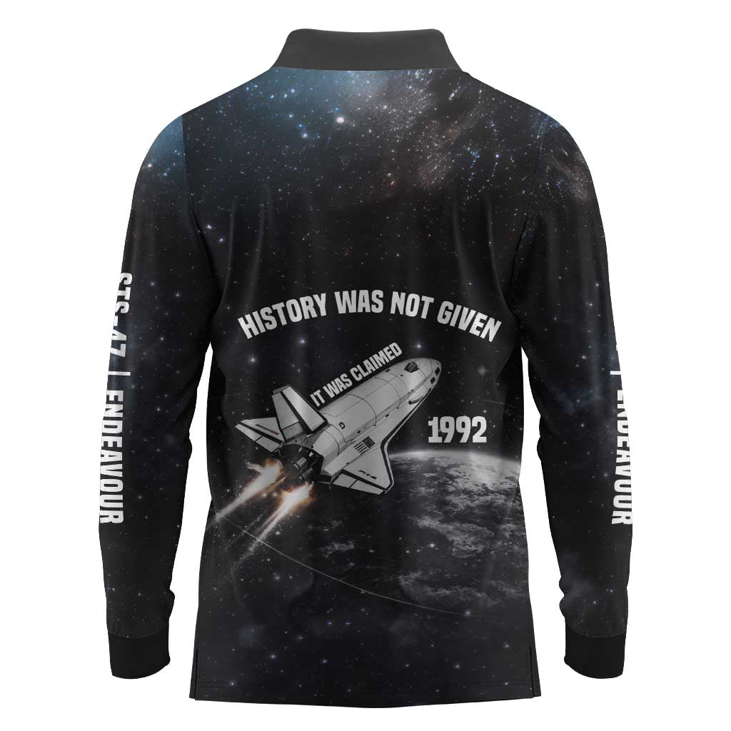 Mae Jemison Long Sleeve Polo Shirt with NASA Spacesuit Portrait, First Black Woman - Wonder Print Shop