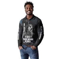 Mae Jemison Long Sleeve Polo Shirt with NASA Spacesuit Portrait, First Black Woman - Wonder Print Shop