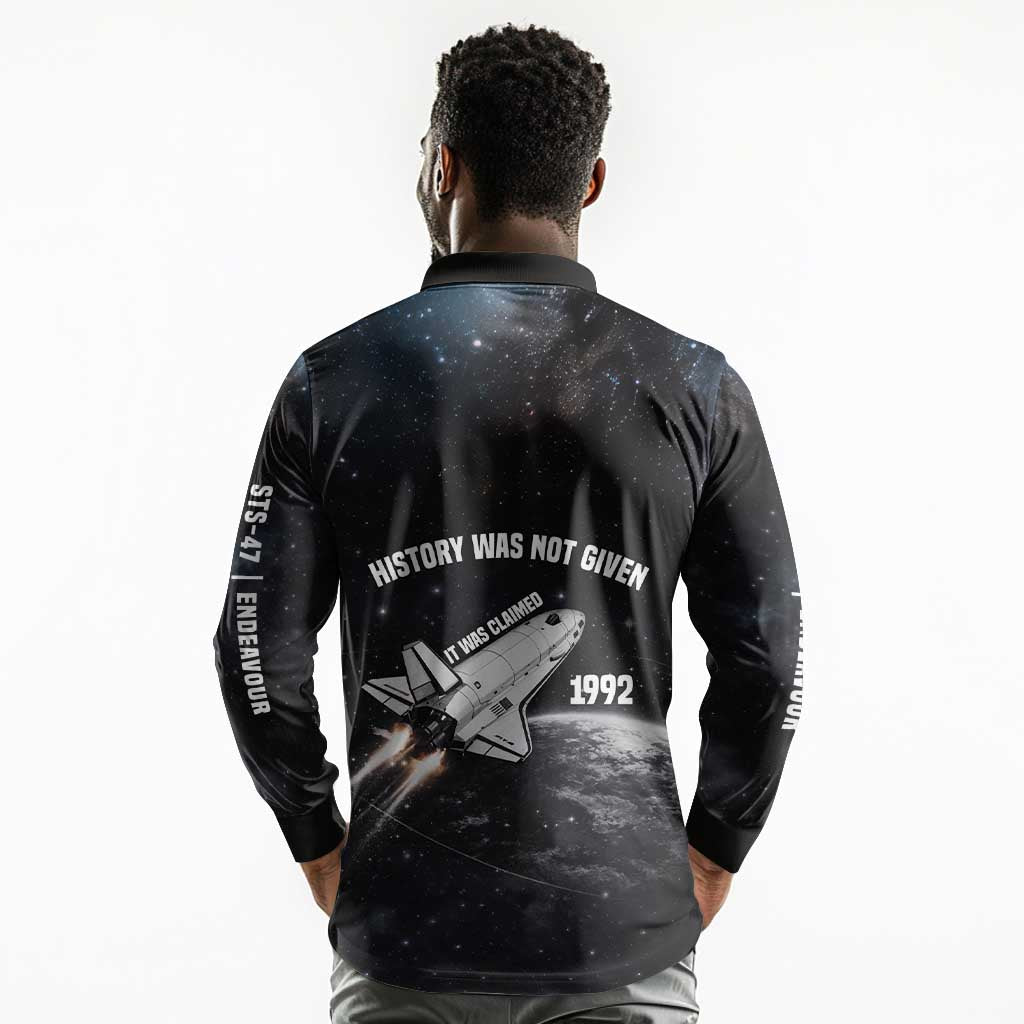 Mae Jemison Long Sleeve Polo Shirt with NASA Spacesuit Portrait, First Black Woman - Wonder Print Shop
