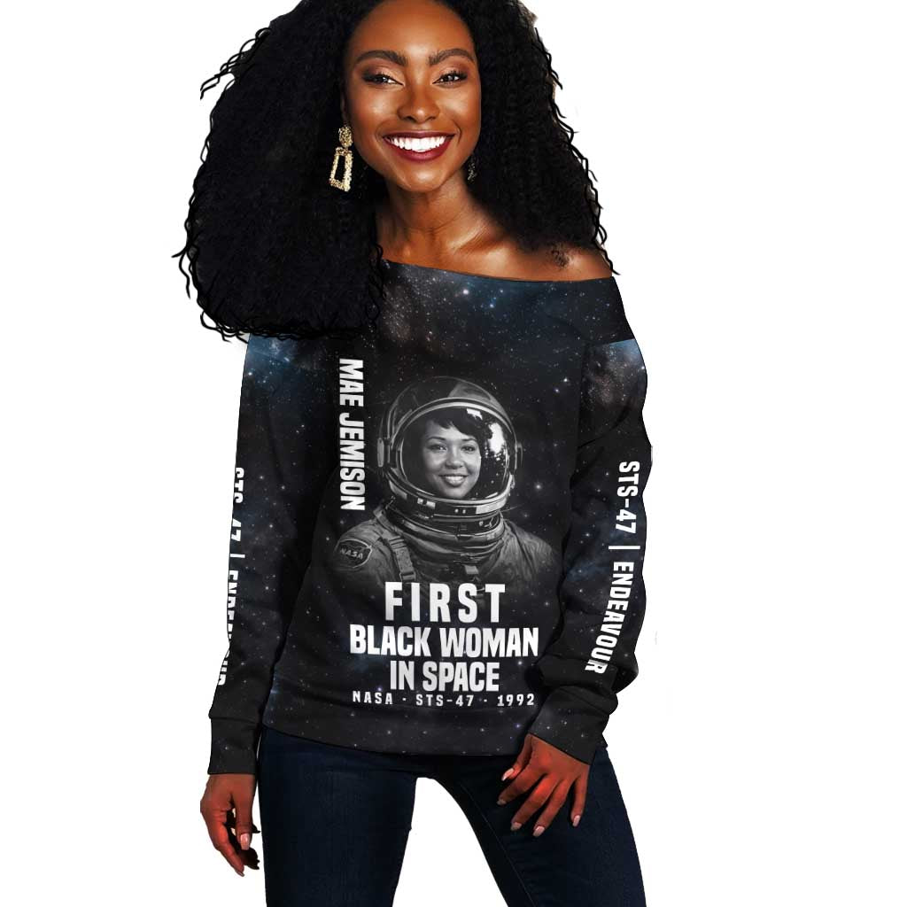 Mae Jemison Off Shoulder Sweater with NASA Spacesuit Portrait, First Black Woman - Wonder Print Shop