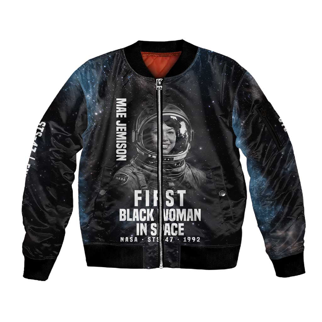 Mae Jemison Sleeve Zip Bomber Jacket with NASA Spacesuit Portrait, First Black Woman - Wonder Print Shop