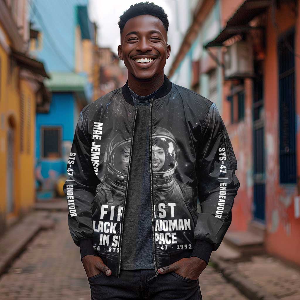 Mae Jemison Sleeve Zip Bomber Jacket with NASA Spacesuit Portrait, First Black Woman - Wonder Print Shop