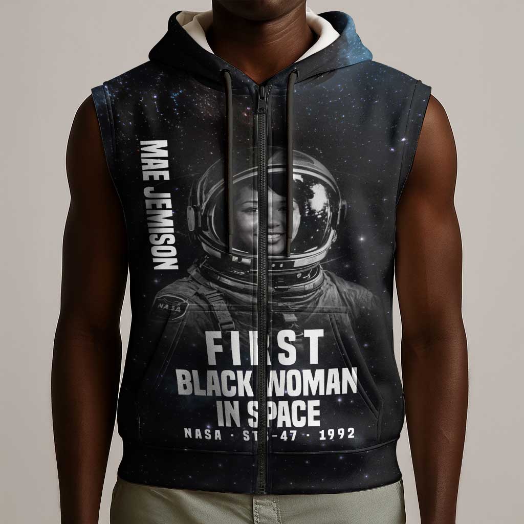 Mae Jemison Sleeveless Zip Hoodie with NASA Spacesuit Portrait, First Black Woman - Wonder Print Shop