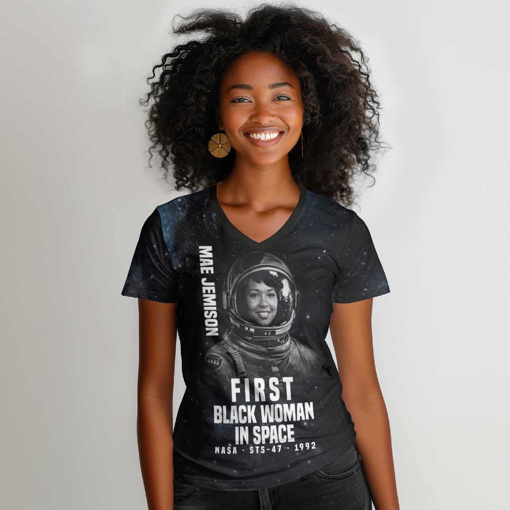 Mae Jemison Women V-Neck T-Shirt with NASA Spacesuit Portrait, First Black Woman - Wonder Print Shop