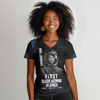 Mae Jemison Women V-Neck T-Shirt with NASA Spacesuit Portrait, First Black Woman - Wonder Print Shop