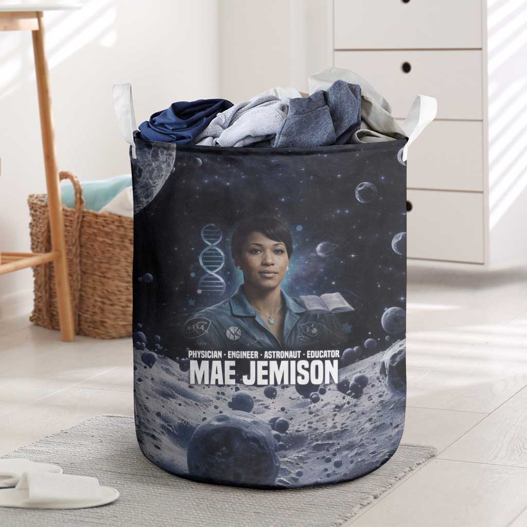 Mae Jemison Laundry Basket with Space Portrait Design, Science Has No Boundaries Quote and DNA Book Elements - Wonder Print Shop