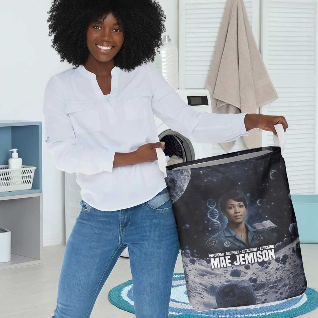 Mae Jemison Laundry Basket with Space Portrait Design, Science Has No Boundaries Quote and DNA Book Elements - Wonder Print Shop