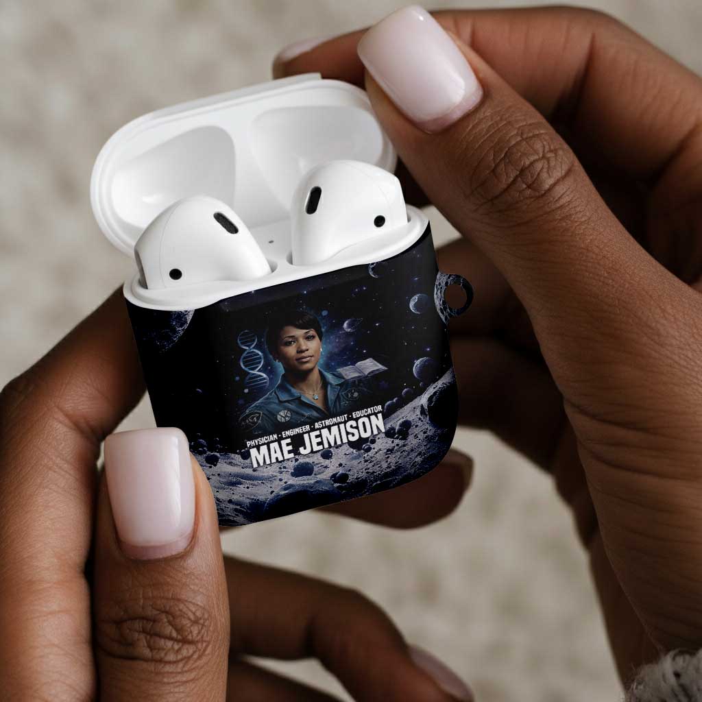 Mae Jemison AirPods Case with Space Portrait Design, Science Has No Boundaries Quote and DNA Book Elements - Wonder Print Shop