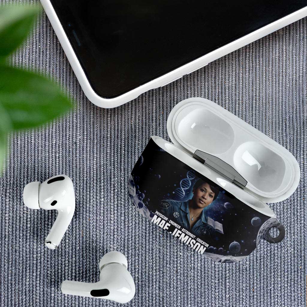 Mae Jemison AirPods Case with Space Portrait Design, Science Has No Boundaries Quote and DNA Book Elements - Wonder Print Shop