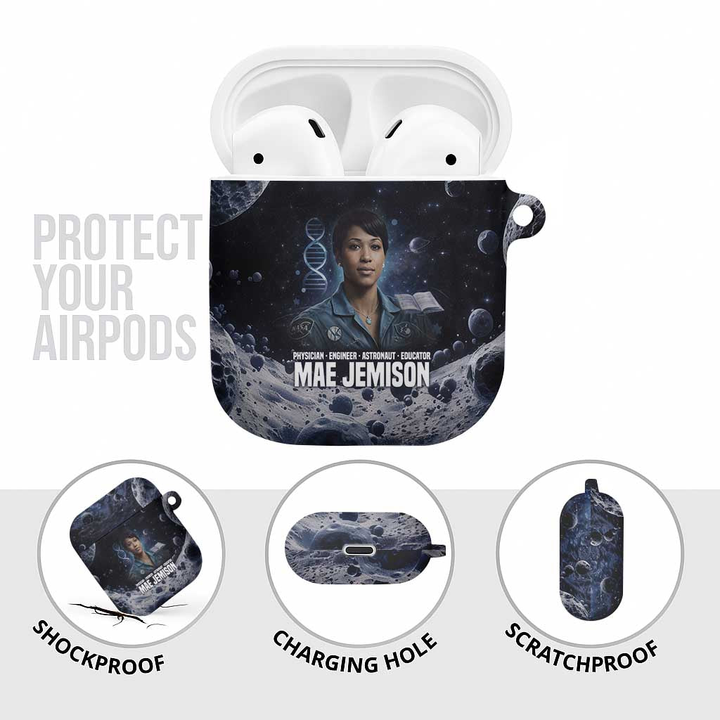 Mae Jemison AirPods Case with Space Portrait Design, Science Has No Boundaries Quote and DNA Book Elements - Wonder Print Shop