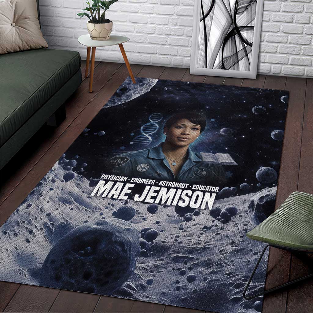 Mae Jemison Area Rug with Space Portrait Design, Science Has No Boundaries Quote and DNA Book Elements - Wonder Print Shop