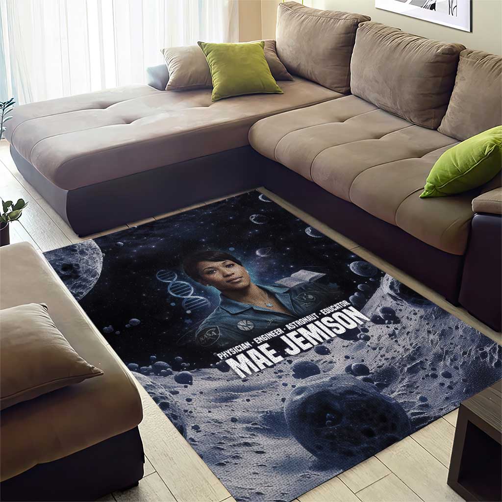 Mae Jemison Area Rug with Space Portrait Design, Science Has No Boundaries Quote and DNA Book Elements - Wonder Print Shop