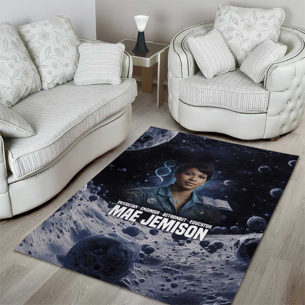Mae Jemison Area Rug with Space Portrait Design, Science Has No Boundaries Quote and DNA Book Elements - Wonder Print Shop