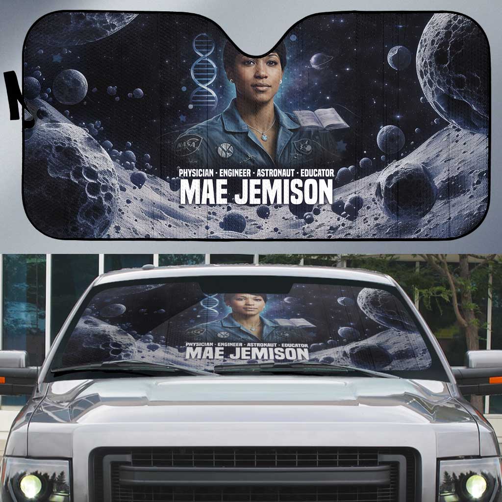 Mae Jemison Auto Sun Shade with Space Portrait Design, Science Has No Boundaries Quote and DNA Book Elements - Wonder Print Shop