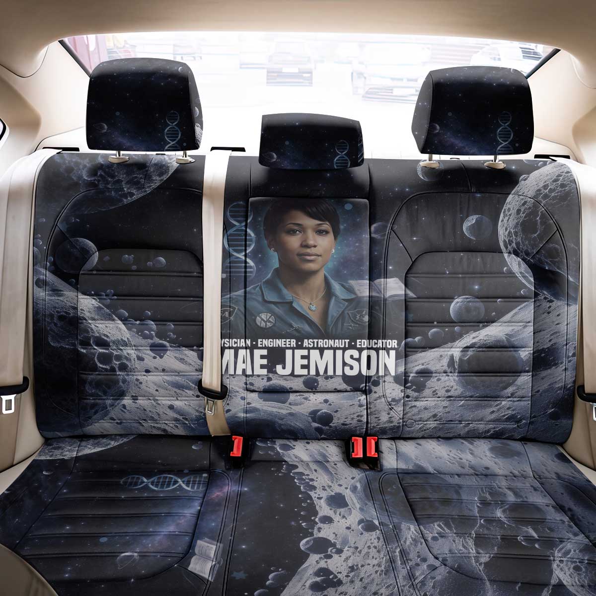 Mae Jemison Back Car Seat Cover with Space Portrait Design, Science Has No Boundaries Quote and DNA Book Elements - Wonder Print Shop