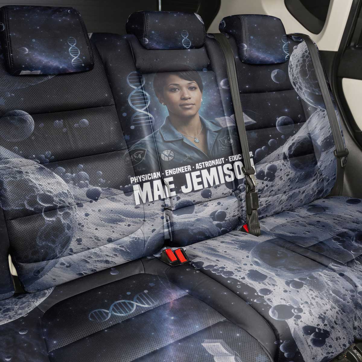 Mae Jemison Back Car Seat Cover with Space Portrait Design, Science Has No Boundaries Quote and DNA Book Elements - Wonder Print Shop