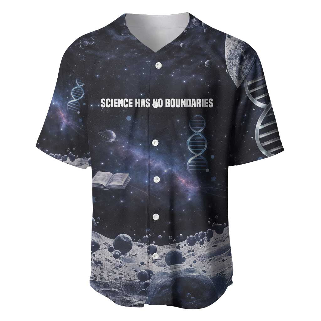 Mae Jemison Baseball Jersey with Space Portrait Design, Science Has No Boundaries Quote and DNA Book Elements - Wonder Print Shop