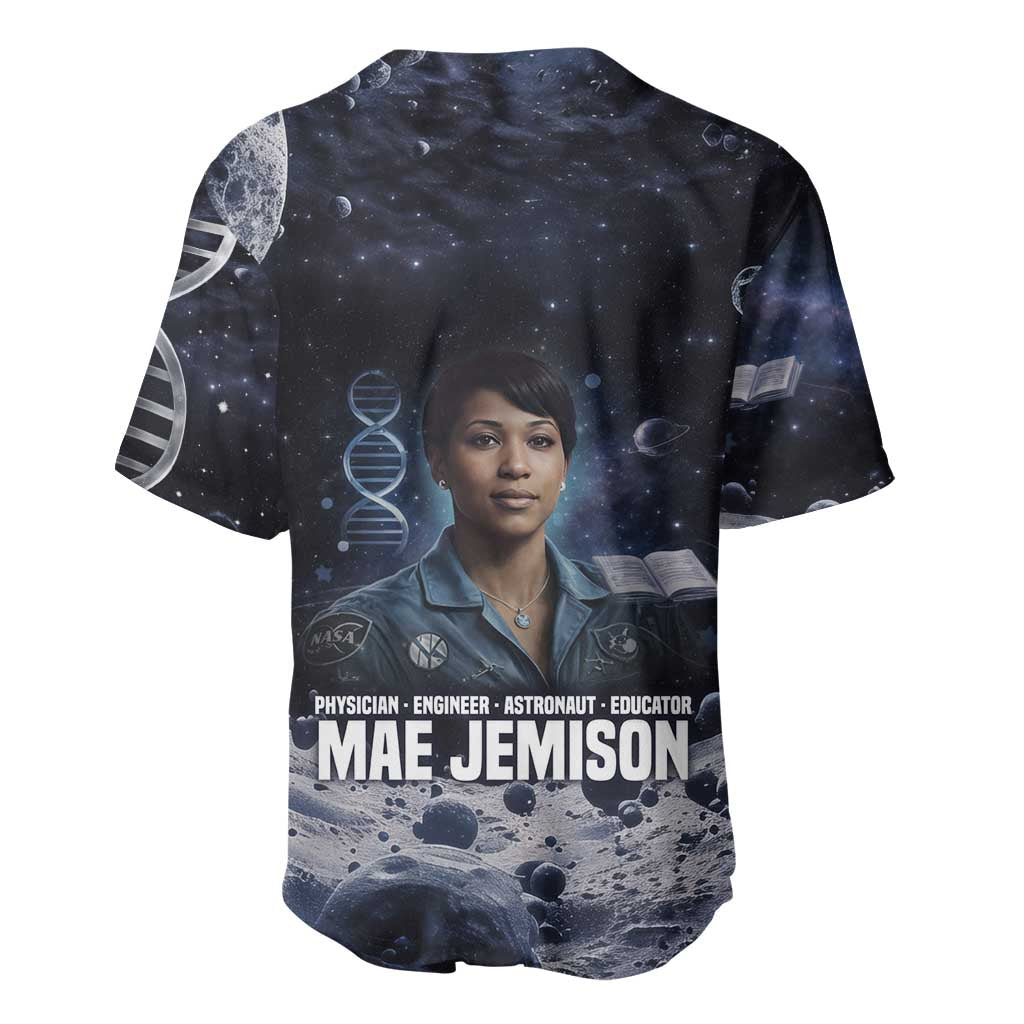 Mae Jemison Baseball Jersey with Space Portrait Design, Science Has No Boundaries Quote and DNA Book Elements - Wonder Print Shop