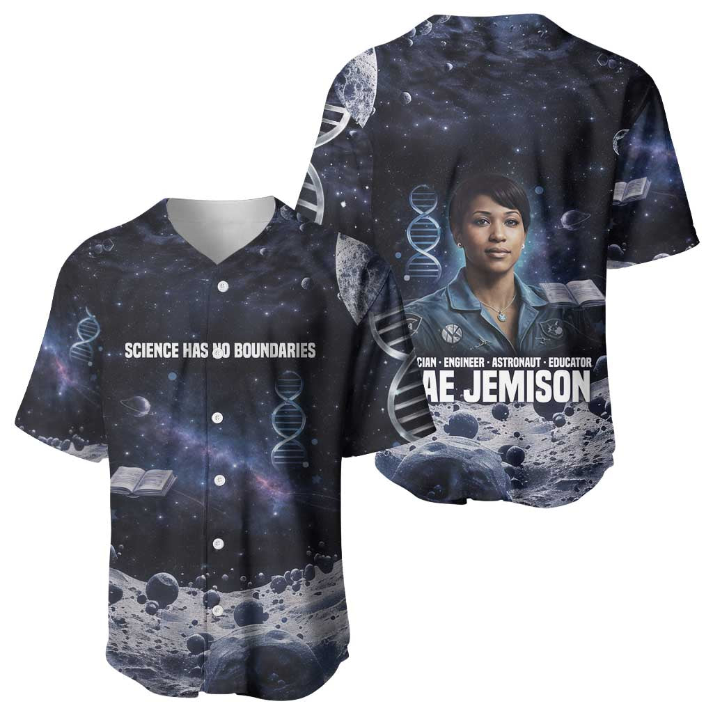 Mae Jemison Baseball Jersey with Space Portrait Design, Science Has No Boundaries Quote and DNA Book Elements - Wonder Print Shop