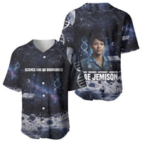 Mae Jemison Baseball Jersey with Space Portrait Design, Science Has No Boundaries Quote and DNA Book Elements - Wonder Print Shop