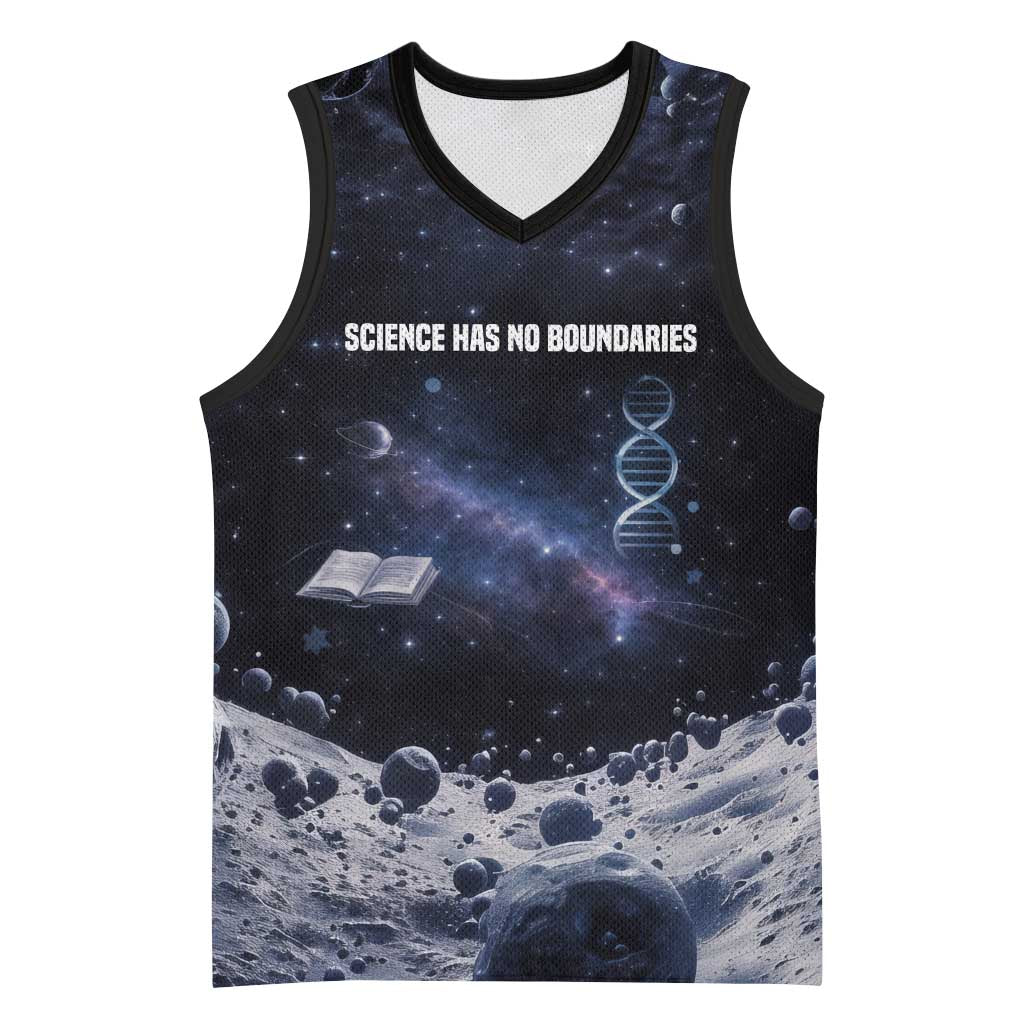 Mae Jemison Basketball Jersey with Space Portrait Design, Science Has No Boundaries Quote and DNA Book Elements - Wonder Print Shop