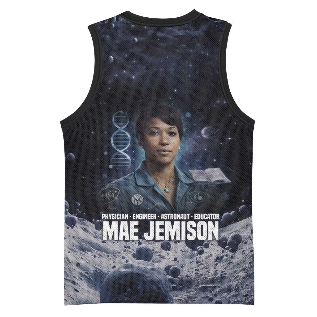 Mae Jemison Basketball Jersey with Space Portrait Design, Science Has No Boundaries Quote and DNA Book Elements - Wonder Print Shop
