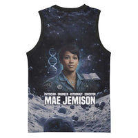 Mae Jemison Basketball Jersey with Space Portrait Design, Science Has No Boundaries Quote and DNA Book Elements - Wonder Print Shop