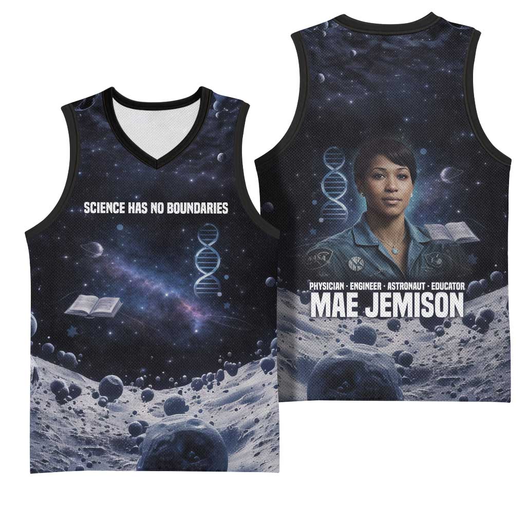 Mae Jemison Basketball Jersey with Space Portrait Design, Science Has No Boundaries Quote and DNA Book Elements - Wonder Print Shop