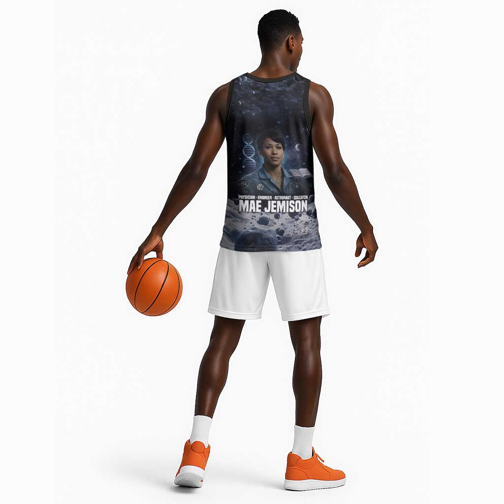 Mae Jemison Basketball Jersey with Space Portrait Design, Science Has No Boundaries Quote and DNA Book Elements - Wonder Print Shop