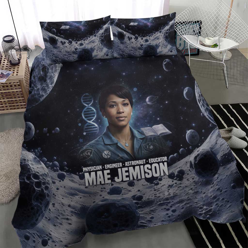 Mae Jemison Bedding Set with Space Portrait Design, Science Has No Boundaries Quote and DNA Book Elements - Wonder Print Shop