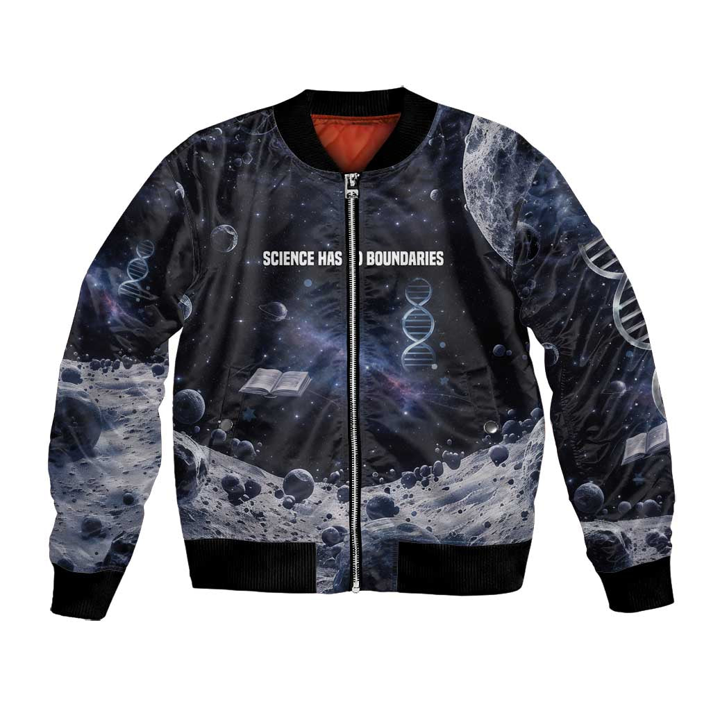 Mae Jemison Bomber Jacket with Space Portrait Design, Science Has No Boundaries Quote and DNA Book Elements - Wonder Print Shop