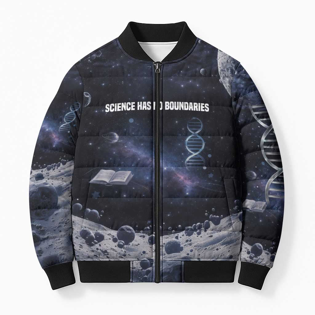 Mae Jemison Bomber Puffer Jacket with Space Portrait Design, Science Has No Boundaries Quote and DNA Book Elements - Wonder Print Shop