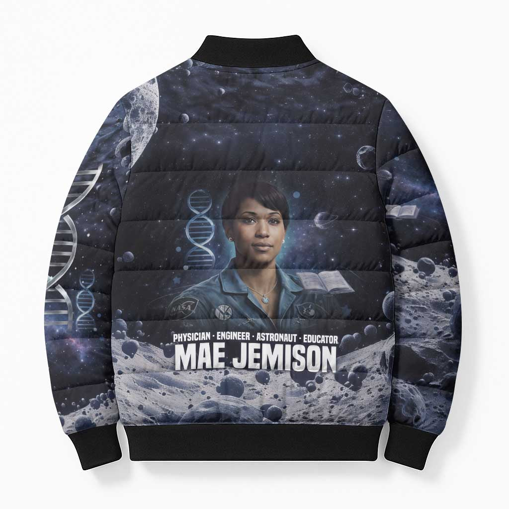 Mae Jemison Bomber Puffer Jacket with Space Portrait Design, Science Has No Boundaries Quote and DNA Book Elements - Wonder Print Shop