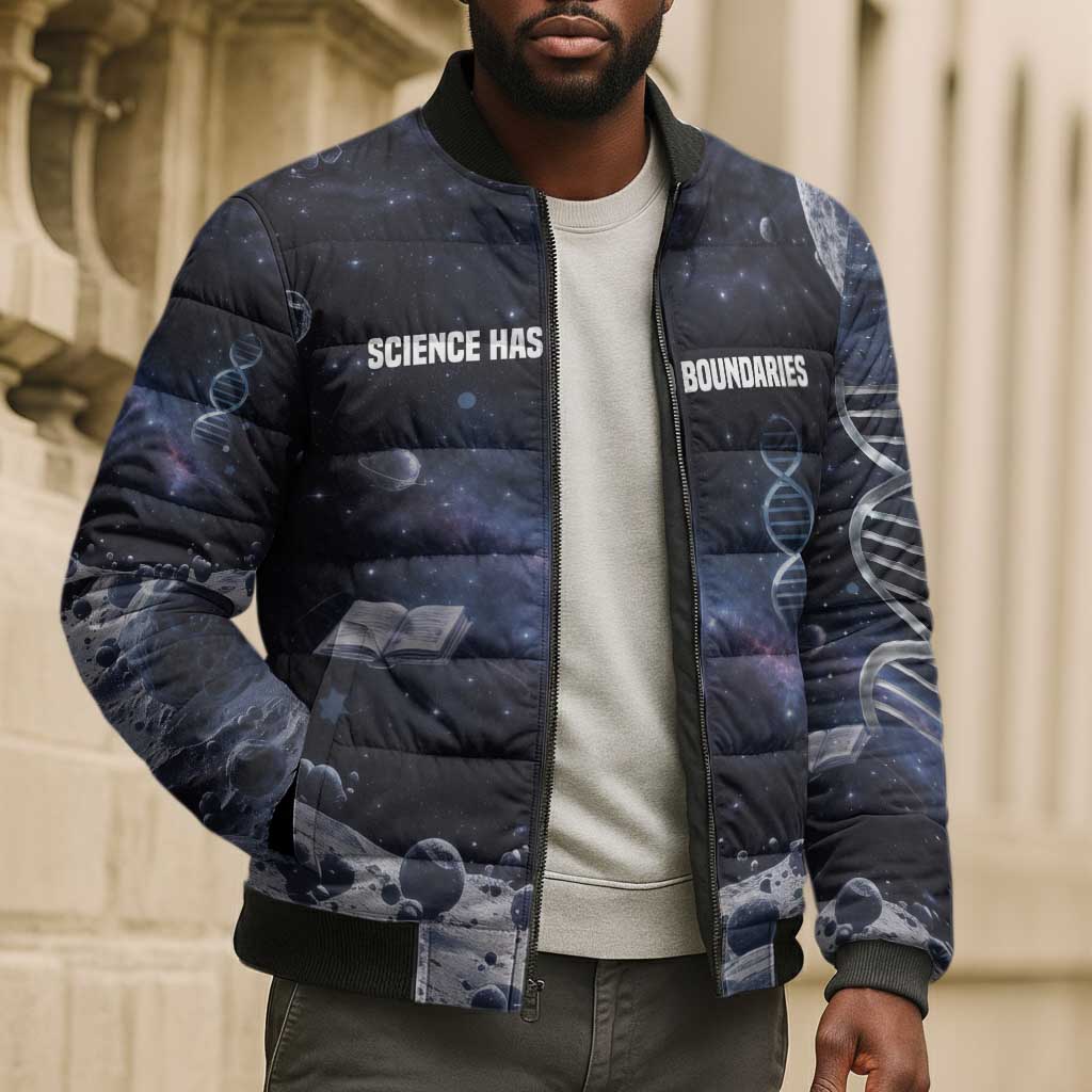 Mae Jemison Bomber Puffer Jacket with Space Portrait Design, Science Has No Boundaries Quote and DNA Book Elements - Wonder Print Shop